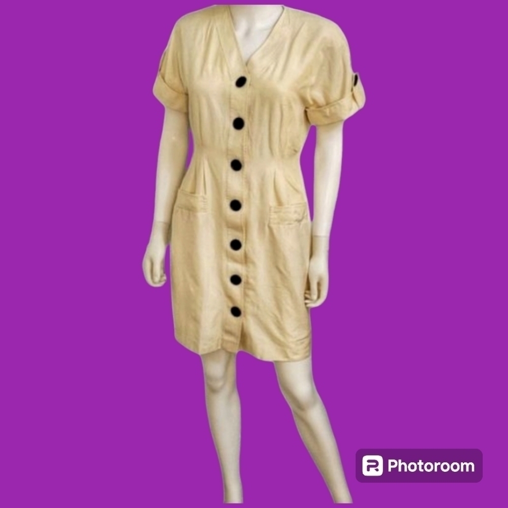 Bill Blass Cream Mini Dress with Black Buttons